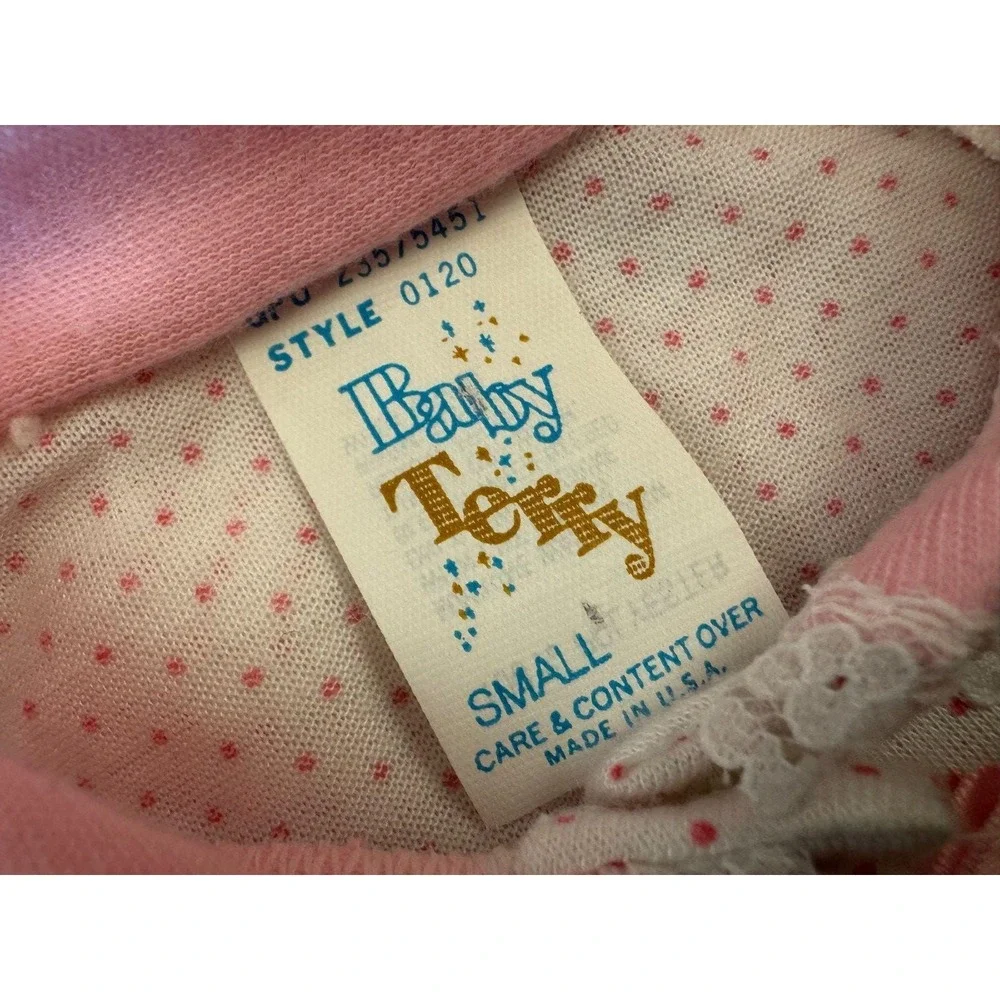 Vintage Baby Terry Brand Girl Outfit 3 3/6 Months Pink Dots Bow Lace Square Snap